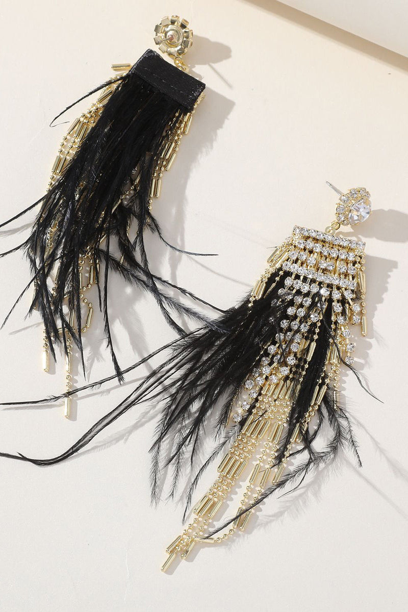 Load image into Gallery viewer, Tassel Feather Rhinestone Long Earrings