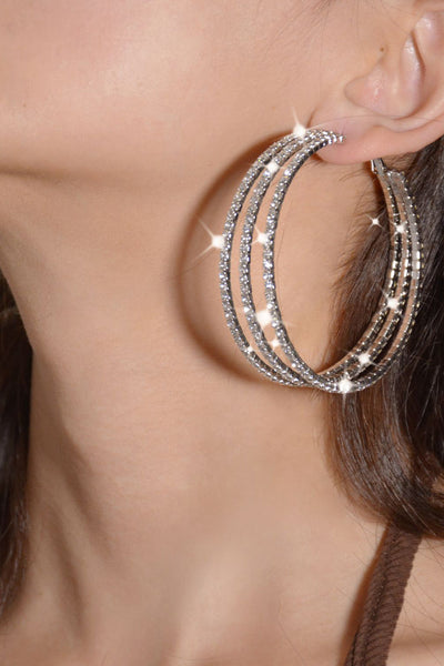 Silver Rhinestones Round Hoop Earrings