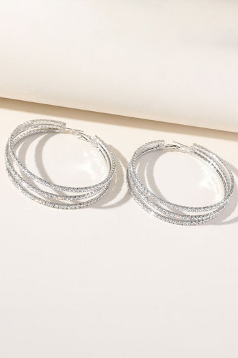 Silver Rhinestones Round Hoop Earrings