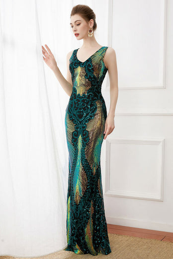 Flapper Dress Dark Green Sequins Sheath Long 1920s Dress