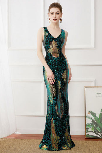 Flapper Dress Dark Green Sequins Sheath Long 1920s Dress