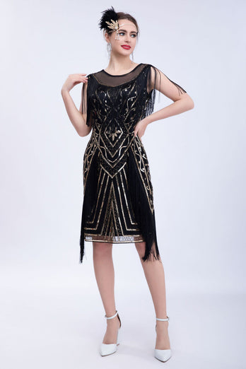 Black Glitter Sequins 1920s Flapper Dress with Fringes