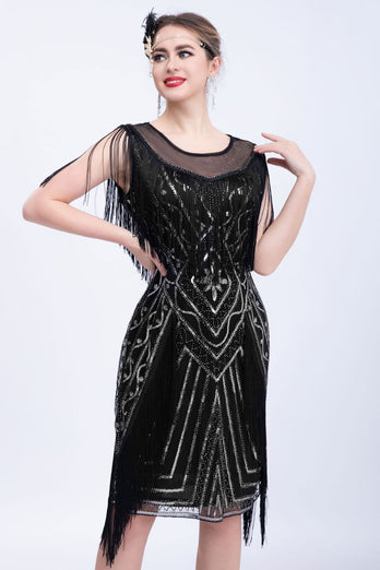 Black Glitter Sequins 1920s Flapper Dress with Fringes