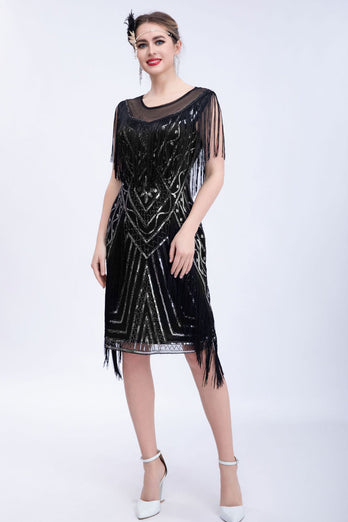 Black Glitter Sequins 1920s Flapper Dress with Fringes