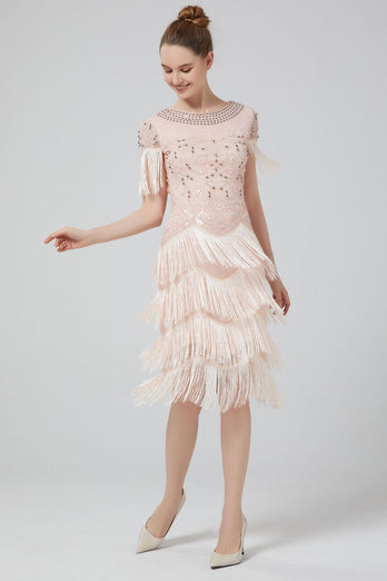 Blush Bodycon Sequins 1920s Dress with Fringes