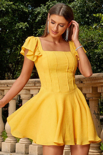 Yellow Flutter Sleeves A-line Short Homecoming Dress