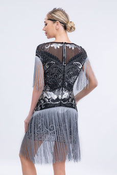 Black Grey Sequins Roaring 20s Gatsby Fringed Flapper Dress