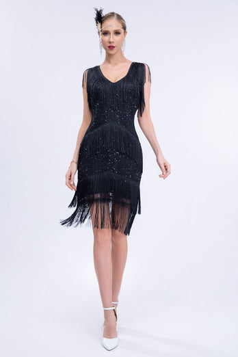 V-Neck Black Beaded Roaring 20s Gatsby Fringed Flapper Dress