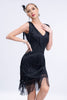 Load image into Gallery viewer, V-Neck Black Beaded Roaring 20s Gatsby Fringed Flapper Dress