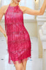 Load image into Gallery viewer, Halter Fuchsia Sparkly Backless Short Cocktail Dress With Fringes