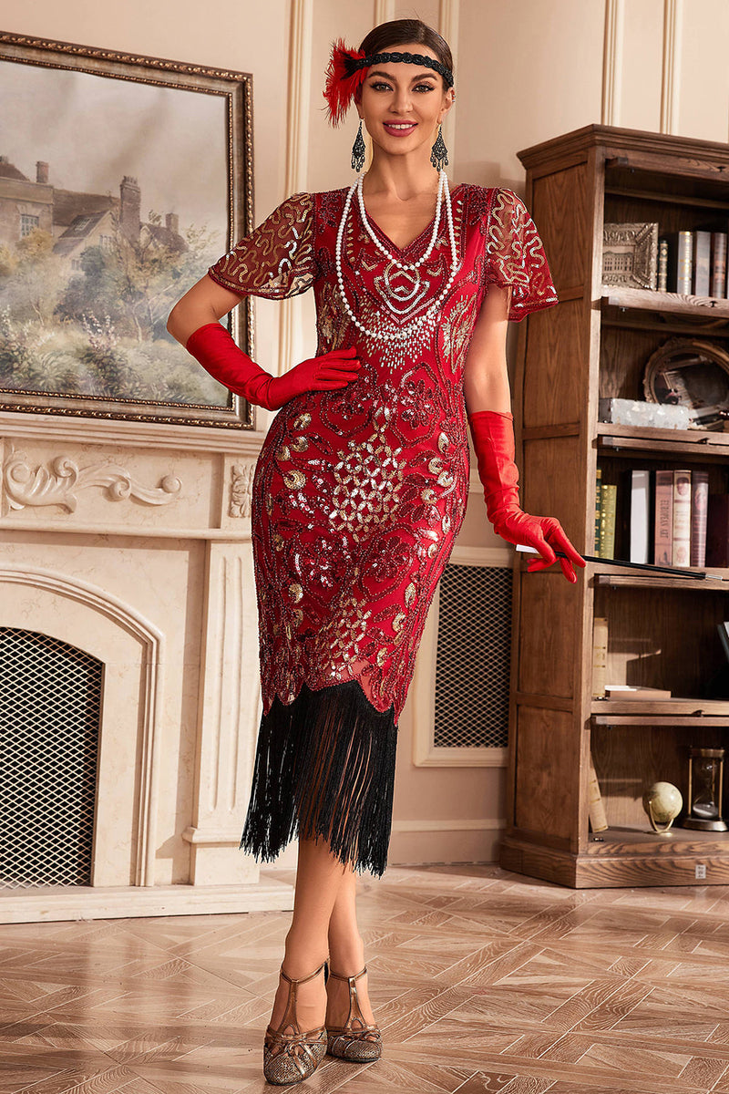 Load image into Gallery viewer, Red V Neck Fringe 1920s Gatsby Dress With Sequins