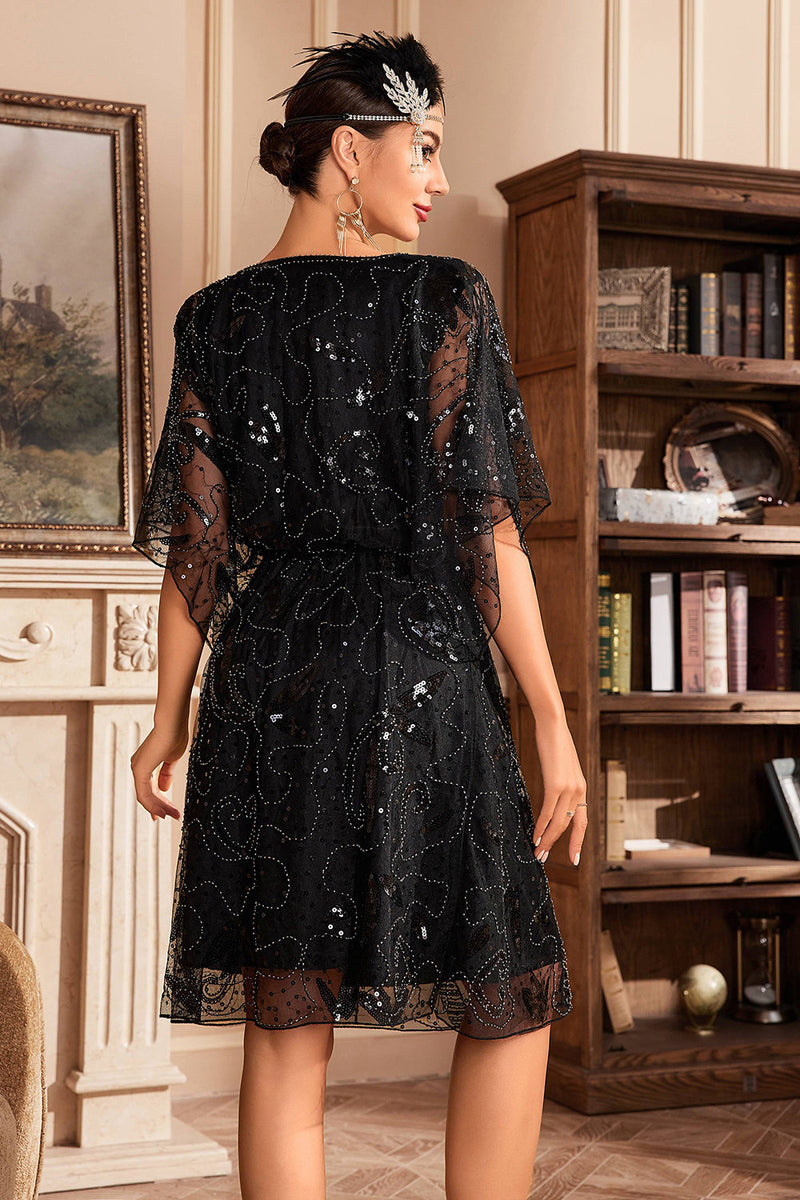 Load image into Gallery viewer, Batwing Sleeves Champagne Sequins 1920s Dress