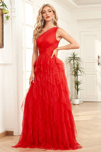 Bright Red Tulle Long Tiered Prom Dress