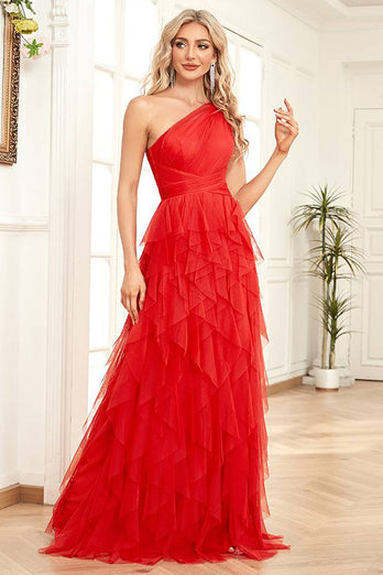 Bright Red Tulle Long Tiered Prom Dress