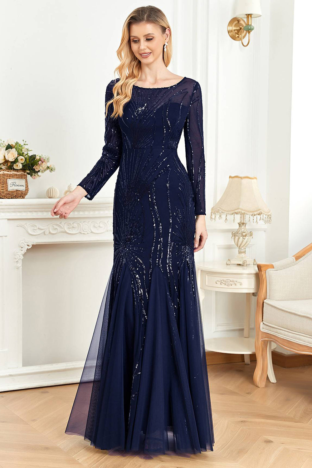 Navy Mermaid Long Appliqued Prom Dress