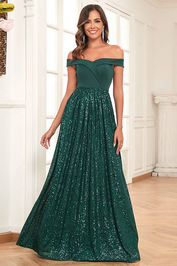 Glitter Dark Green A Line Off the Shoulder Long Prom Dress