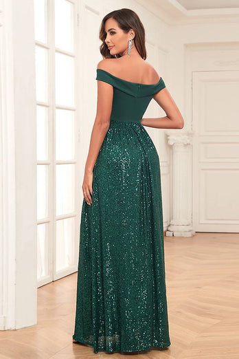 Glitter Dark Green A Line Off the Shoulder Long Prom Dress