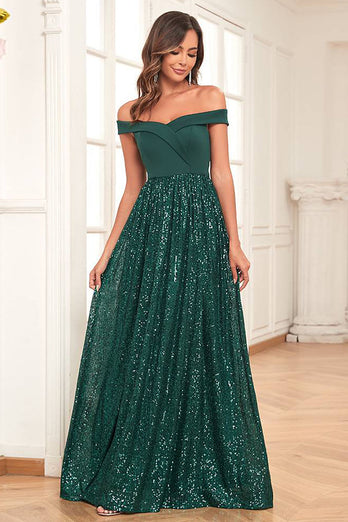 Glitter Dark Green A Line Off the Shoulder Long Prom Dress