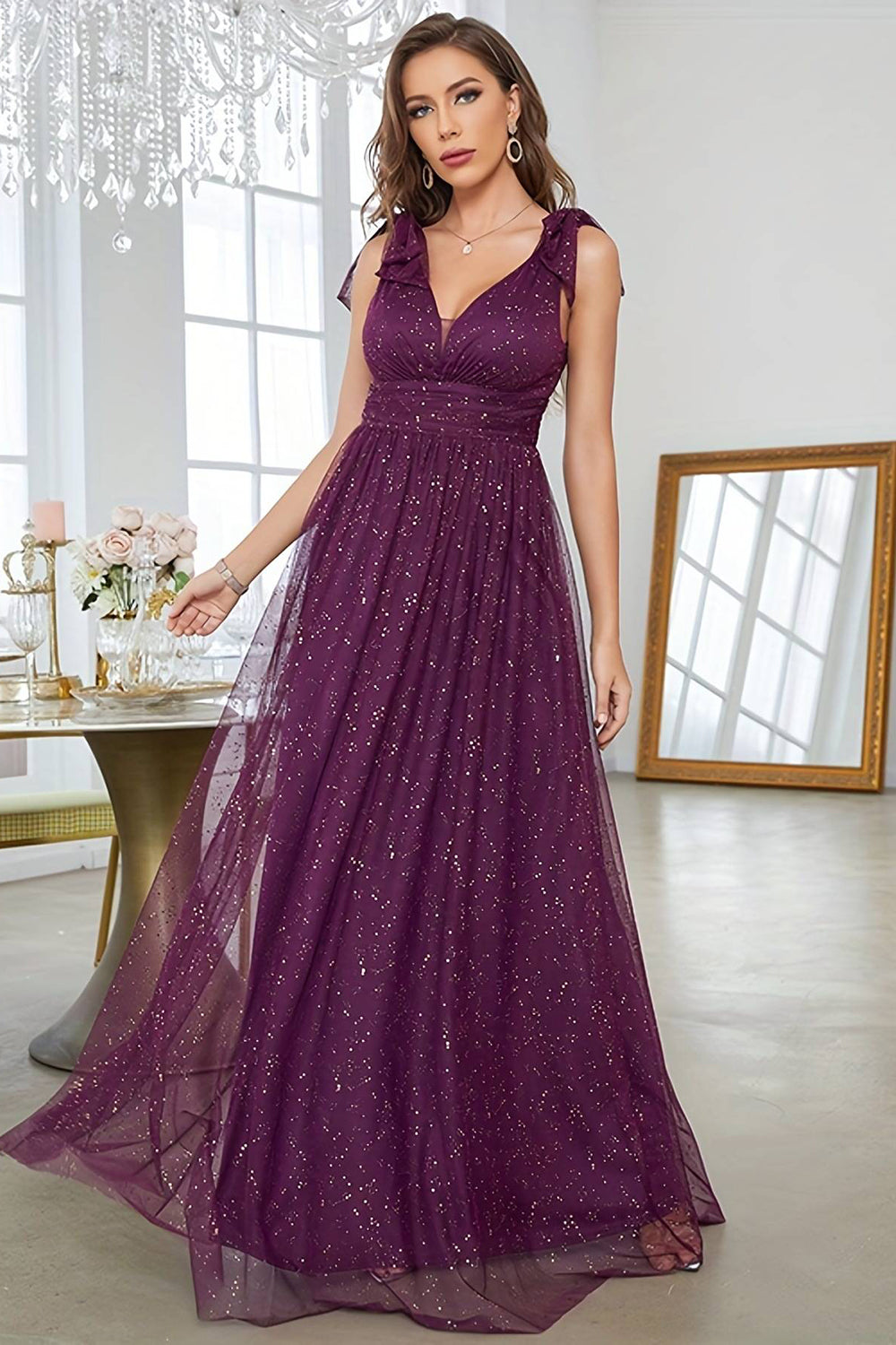Sparkly Dark Purple Sheath Tulle Long Prom Dress