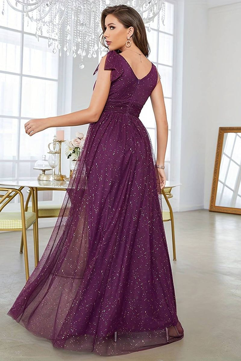 Load image into Gallery viewer, Sparkly Dark Purple Sheath Tulle Long Prom Dress