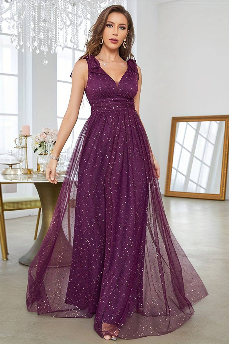 Load image into Gallery viewer, Sparkly Dark Purple Sheath Tulle Long Prom Dress