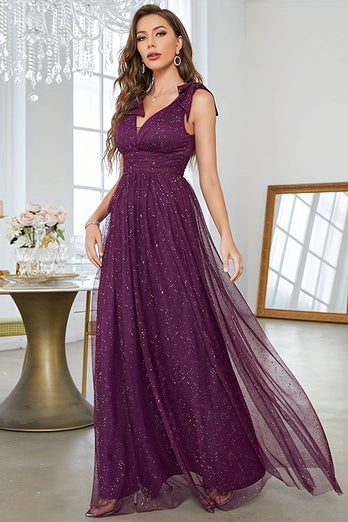 Sparkly Dark Purple Sheath Tulle Long Prom Dress