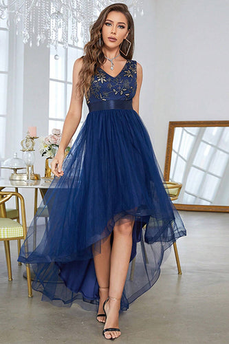 Dark Blue A Line High Low Prom Dress With Appliques
