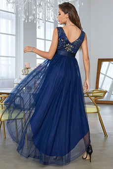 Dark Blue A Line High Low Prom Dress With Appliques