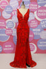 Load image into Gallery viewer, Mermaid Red Deep V Neck Open Back Sequins Prom Dress
