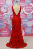 Load image into Gallery viewer, Mermaid Red Deep V Neck Open Back Sequins Prom Dress