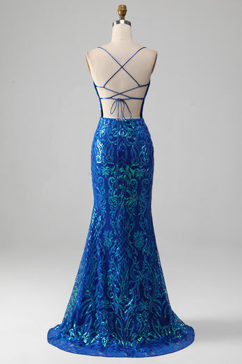 Royal Blue Mermaid Sparkly Prom Dress with Slit