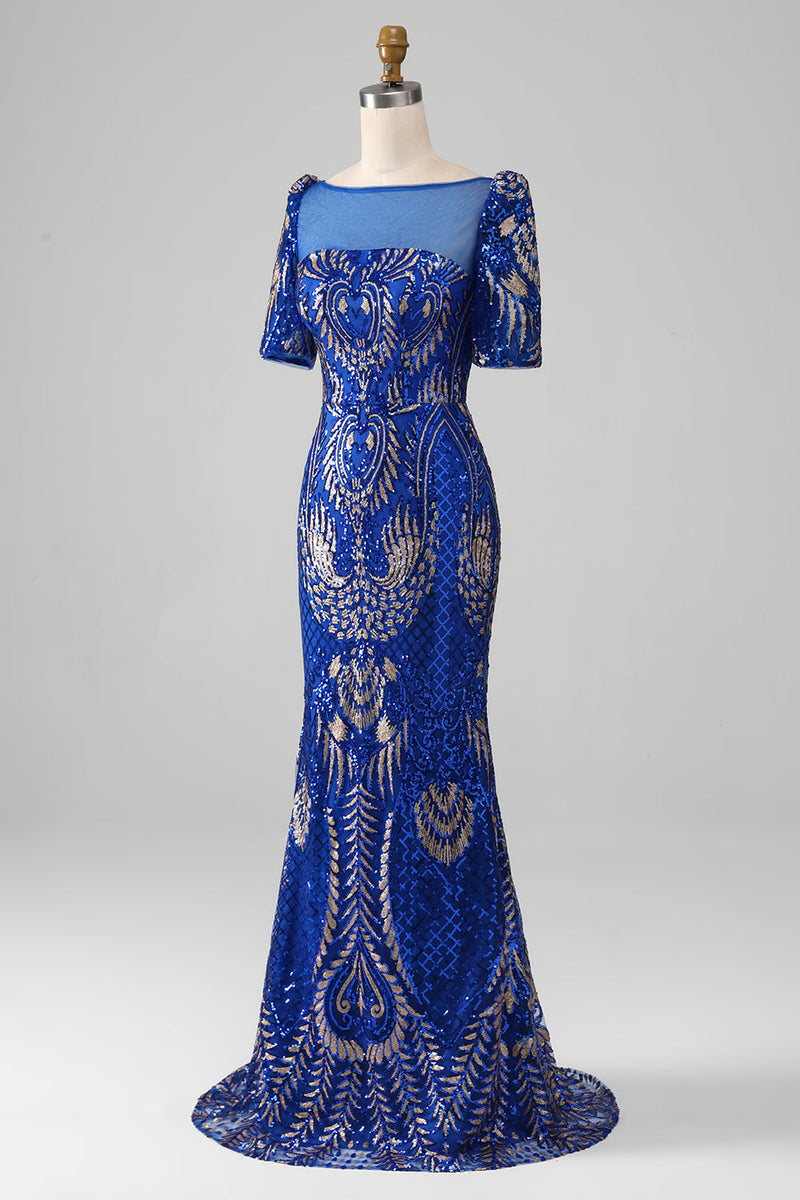 Load image into Gallery viewer, Mermaid Royal Blue Sparkly Prom Dress with Short Sleeves