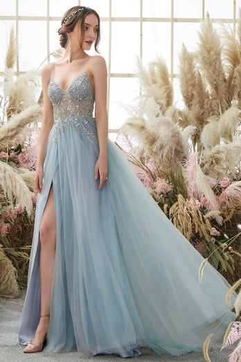 Light Blue Beading Tulle Prom Dress