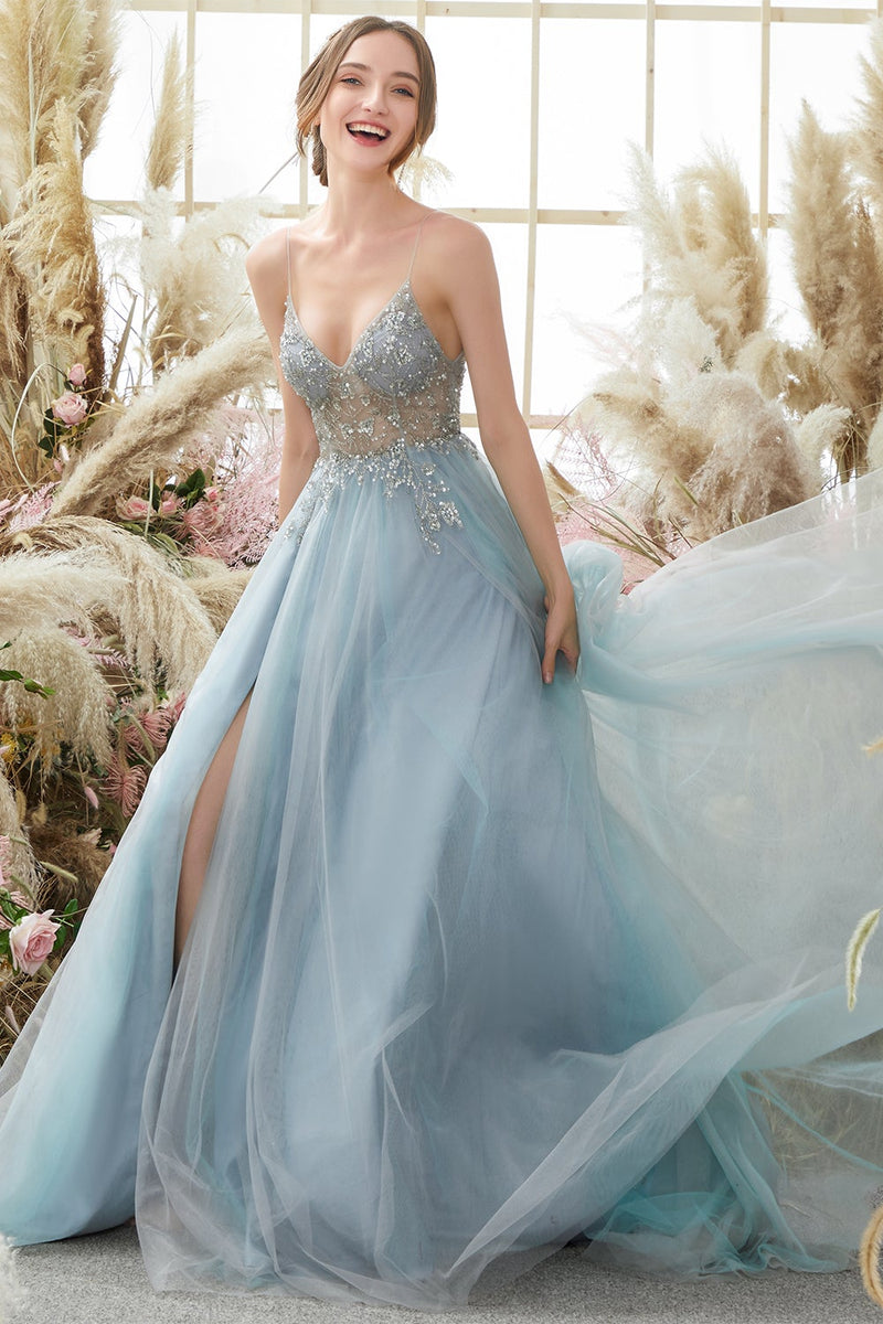 Load image into Gallery viewer, Light Blue Beading Tulle Prom Dress