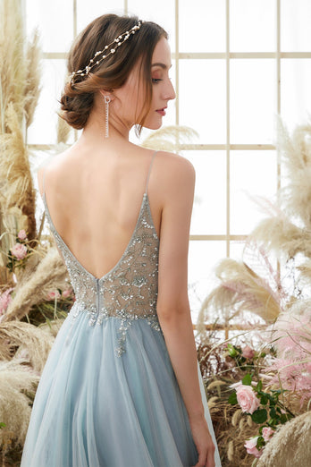 Light Blue Beading Tulle Prom Dress