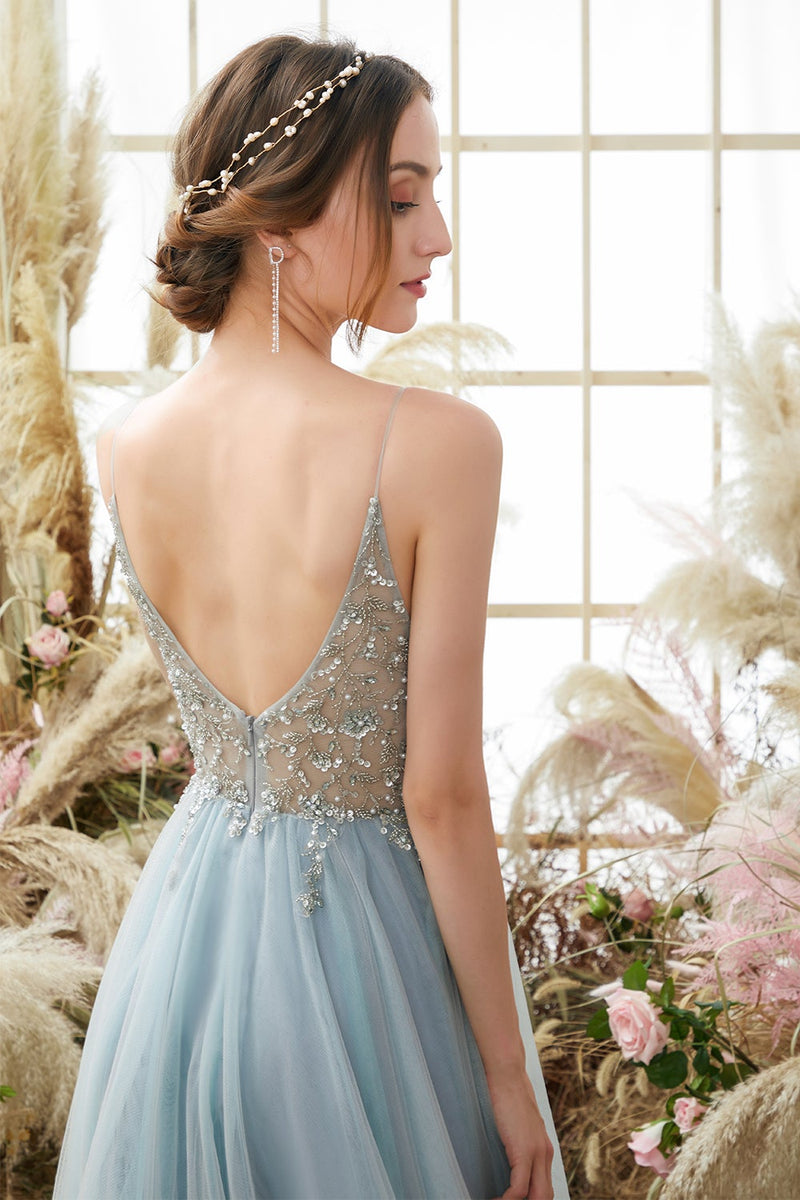 Load image into Gallery viewer, Light Blue Beading Tulle Prom Dress