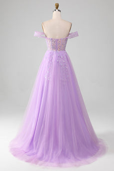 Lavender A Line Tulle Off the Shoulder Prom Dress with Slit