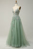 Load image into Gallery viewer, A Line Spaghetti Straps Green Long Prom Dress with Criss Cross Back