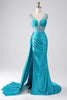 Load image into Gallery viewer, Turquoise Mermaid V-Neck Sweep Train Pleated Corset Beaded Prom Dress