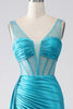 Load image into Gallery viewer, Turquoise Mermaid V-Neck Sweep Train Pleated Corset Beaded Prom Dress