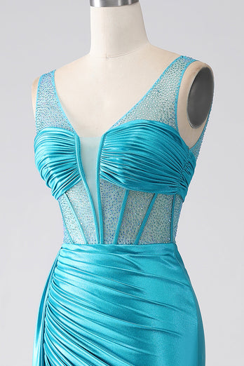 Turquoise Mermaid V-Neck Sweep Train Pleated Corset Beaded Prom Dress