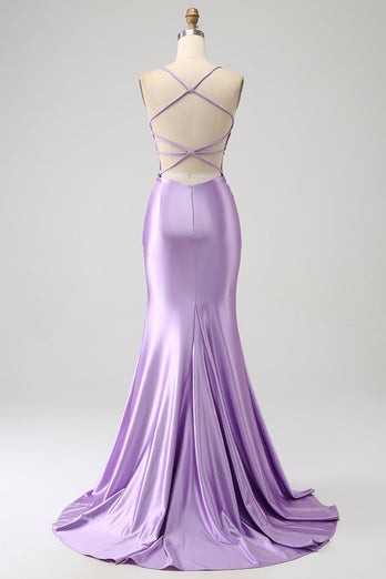 Stylish Mermaid Spaghetti Straps Lilac Long Prom Dress with Appliques Slit