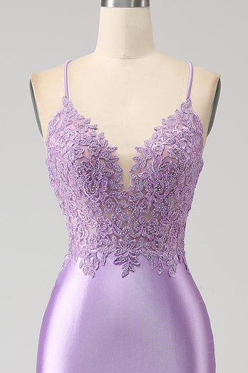 Stylish Mermaid Spaghetti Straps Lilac Long Prom Dress with Appliques Slit