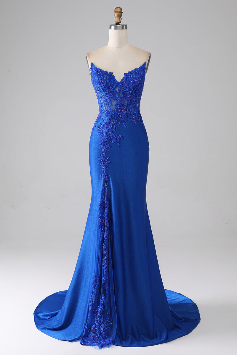 Load image into Gallery viewer, Royal Blue Mermaid Strapless Long Beaded Prom Dress With Appliques