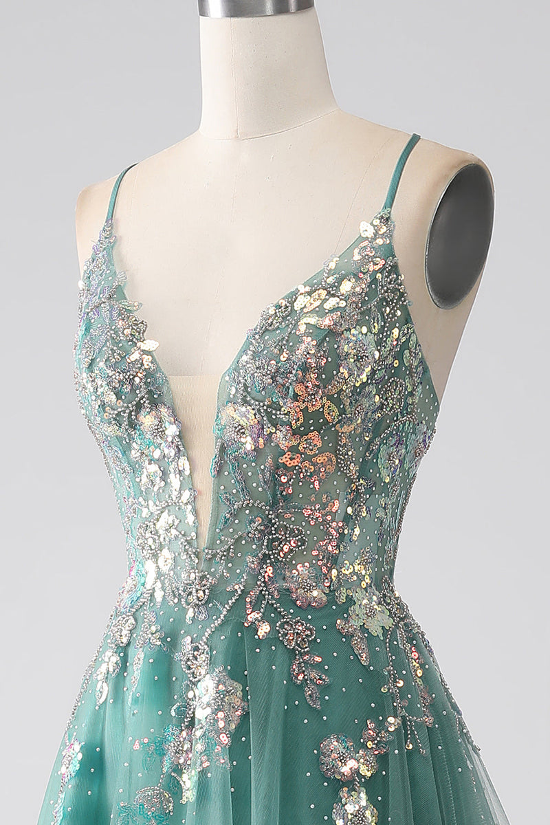 Load image into Gallery viewer, Green A-Line Spaghetti Straps Long Prom Dress With Sparkly Sequin Appliques