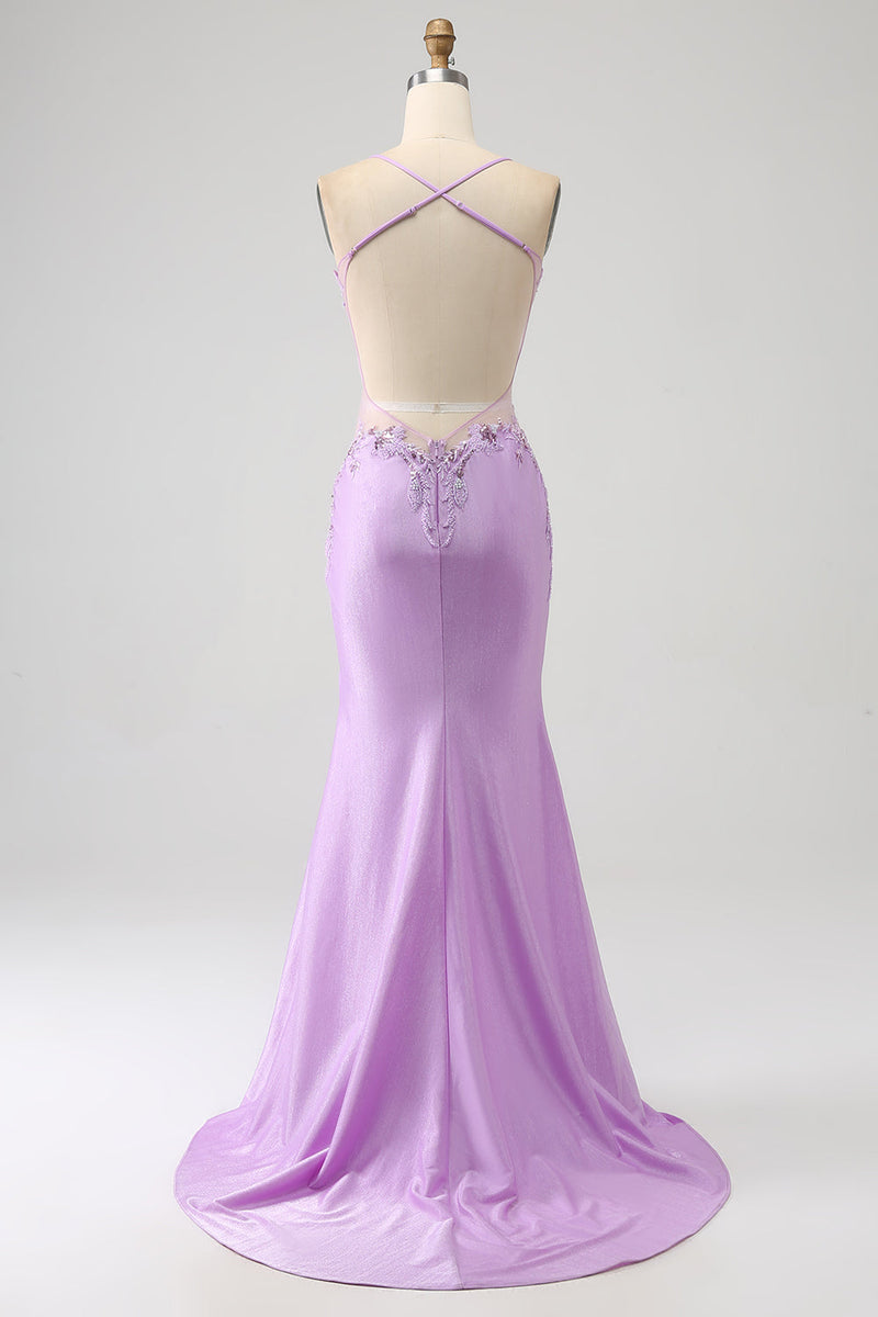 Load image into Gallery viewer, Trendy Mermaid Spaghetti Straps Lilac Long Prom Dress with Appliques Beading