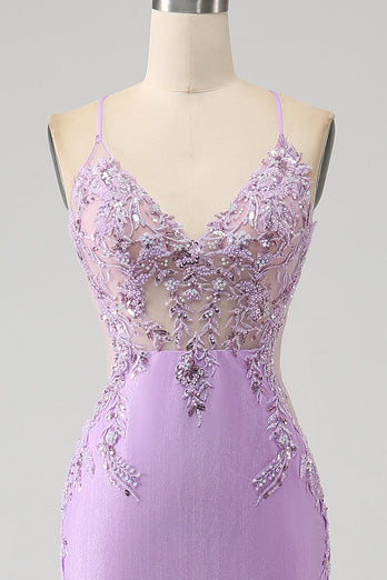 Trendy Mermaid Spaghetti Straps Lilac Long Prom Dress with Appliques Beading