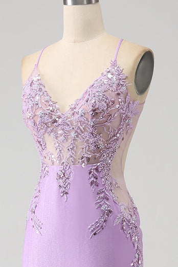 Trendy Mermaid Spaghetti Straps Lilac Long Prom Dress with Appliques Beading