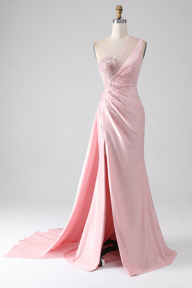 Load image into Gallery viewer, Pink Mermaid One Shoulder Sequins Appliques Ruched Prom Dress With Slit