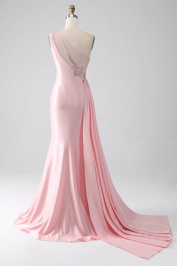 Pink Mermaid One Shoulder Sequins Appliques Ruched Prom Dress With Slit